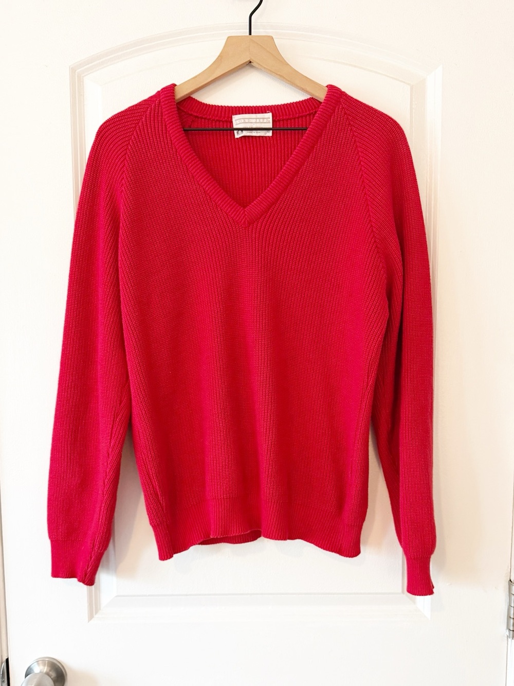Lord Jeff Vintage 100% Fine Cotton Red Knit V-neck Sweater Medium Made In USA